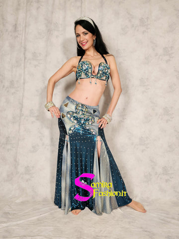 Extra Super Lux Stretch 518 - Belly Dance Costume - Silver/Petroleum