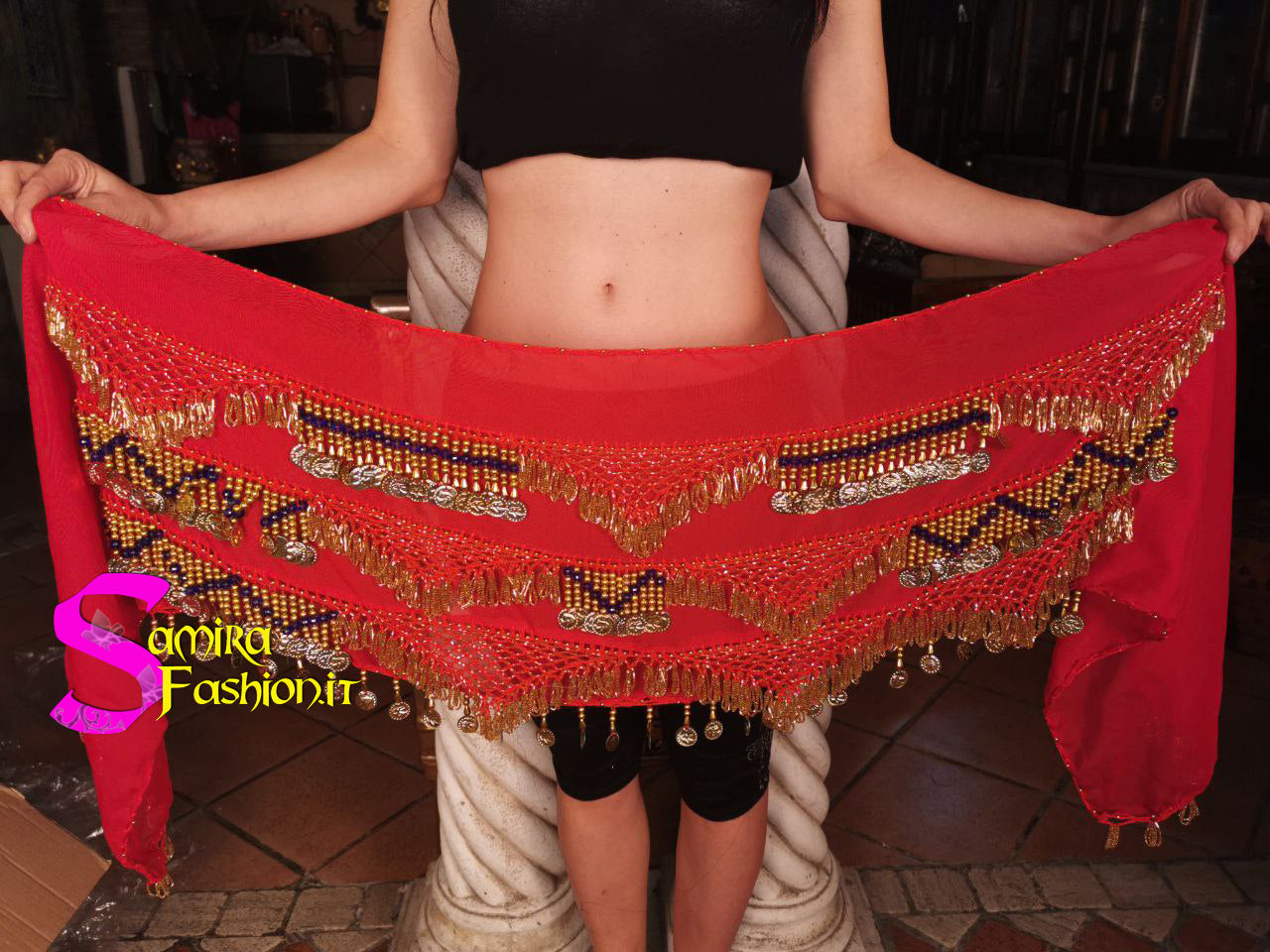 Cintura Egiziana Classic Pyramids Lux 08 - Chiffon/Uncinetto/Monetine - Red