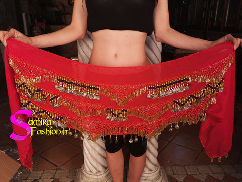 Cintura Egiziana Classic Pyramids Lux 08 - Chiffon/Uncinetto/Monetine - Red